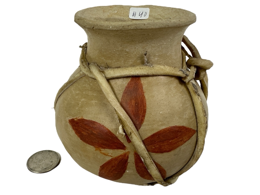 Tarahumara Pottery Clay Vase Wrapped in Rawhide 4'H [Photo 1]