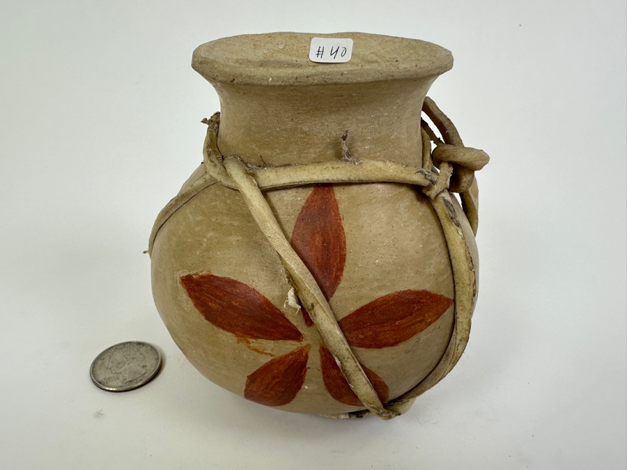 Tarahumara Pottery Clay Vase Wrapped in Rawhide 4'H [Photo 2]