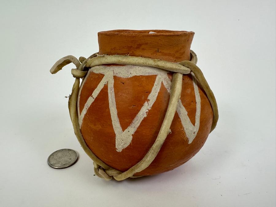 Tarahumara Terra Cotta Ollas Beer Vessel with Rawhide Straps 4'H [Photo 5]