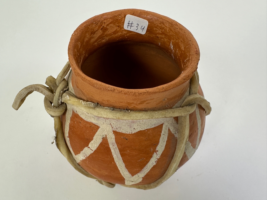 Tarahumara Terra Cotta Ollas Beer Vessel with Rawhide Straps 4'H [Photo 7]