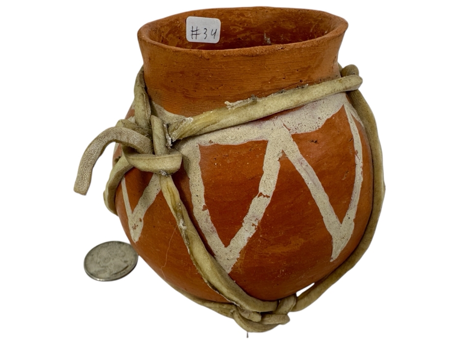 Tarahumara Terra Cotta Ollas Beer Vessel with Rawhide Straps 4'H [Photo 1]