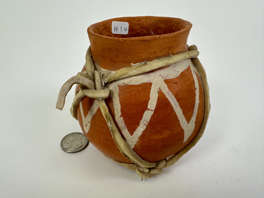 Tarahumara Terra Cotta Ollas Beer Vessel with Rawhide Straps 4'H [Photo 3]