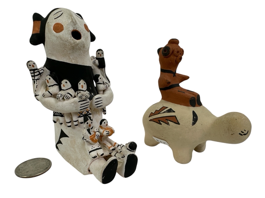Native American Storyteller Signed C Garcia Acoma and Turtle Clay Pottery Signed R Fragua Jemez 4.25'H, 3.75'H