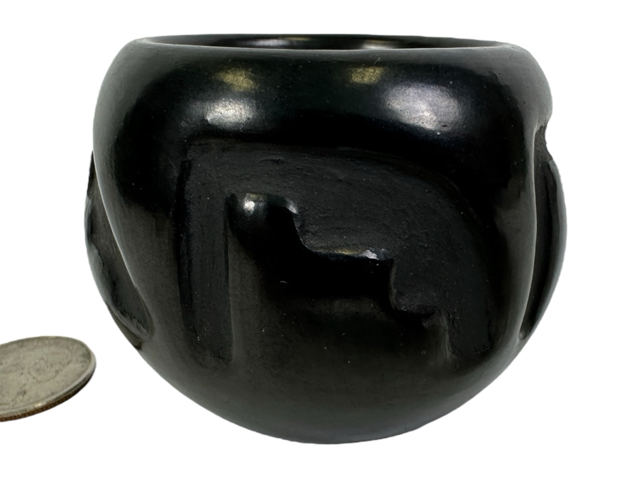 Santa Clara Pueblo Black Pottery Bowl Signed Jane and Starr