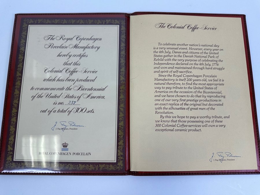 Rare Limited Edition Royal Copenhagen Porcelain Colonial Coffee Service Set In Fitted Chest Commemorating The Bicentennial Of The United States Of America Featuring Presidents Thomas Jefferson & George Washington Numbered 257 Of 300 Estimate $2,500-$3,000 [Photo 27]