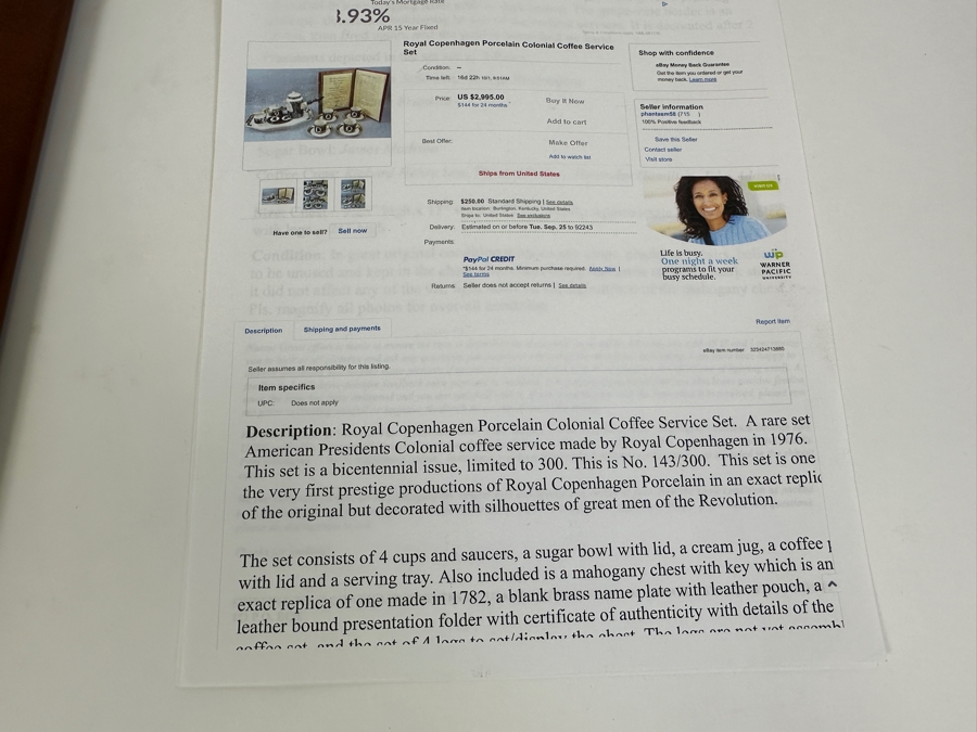 Rare Limited Edition Royal Copenhagen Porcelain Colonial Coffee Service Set In Fitted Chest Commemorating The Bicentennial Of The United States Of America Featuring Presidents Thomas Jefferson & George Washington Numbered 257 Of 300 Estimate $2,500-$3,000 [Photo 30]