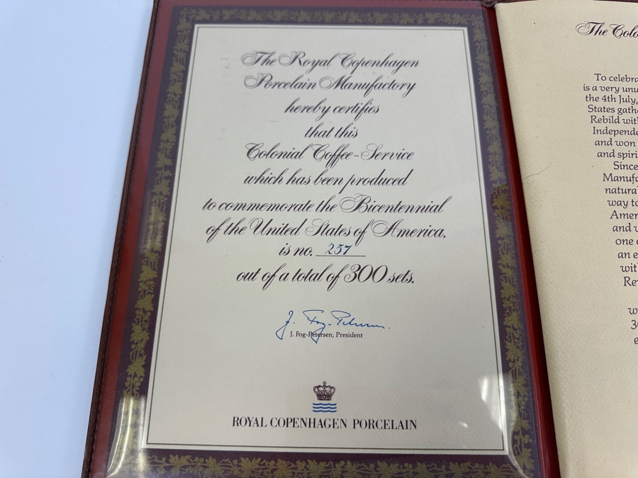 Rare Limited Edition Royal Copenhagen Porcelain Colonial Coffee Service Set In Fitted Chest Commemorating The Bicentennial Of The United States Of America Featuring Presidents Thomas Jefferson & George Washington Numbered 257 Of 300 Estimate $2,500-$3,000 [Photo 28]