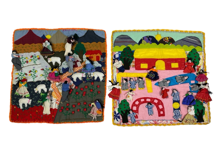 Pair Of Peruvian Arpillera 3-D Folk Art Textiles 19 X 19 [Photo 1]