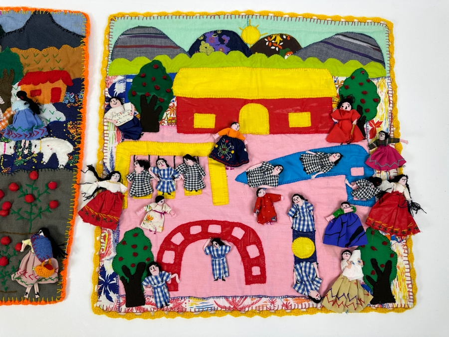 Pair Of Peruvian Arpillera 3-D Folk Art Textiles 19 X 19 [Photo 7]
