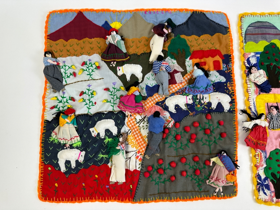 Pair Of Peruvian Arpillera 3-D Folk Art Textiles 19 X 19 [Photo 2]