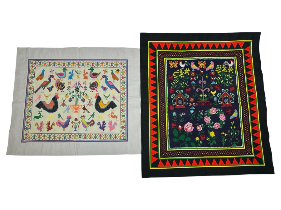 Pair Of Handmade Hmong Tapestries By May Xiong Yang And Maria Xiong 23.5 X 19.5 And 22.5 X 26