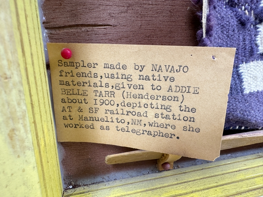 Antique 1900 Navajo Sampler Depicting The AT&SF Santa Fe Railroad Station At Manuelito, New Mexico Given To Addie Belle Tarr (Henderson) About 1900 Where She Worked As A Telegrapher 20 X 20 [Photo 3]