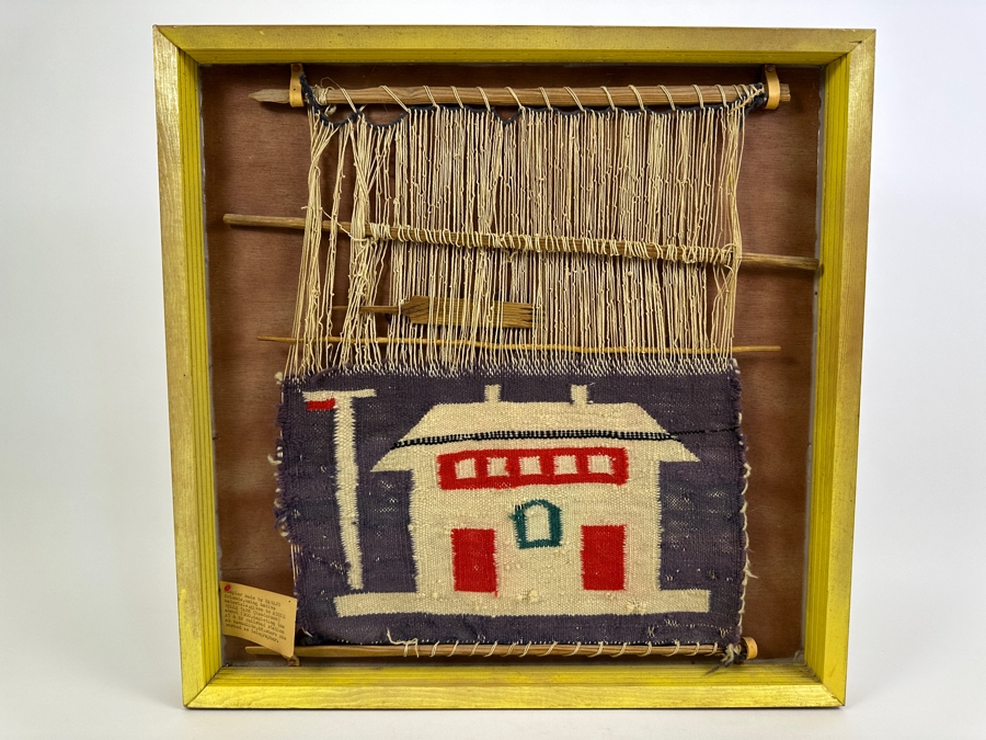 Antique 1900 Navajo Sampler Depicting The AT&SF Santa Fe Railroad Station At Manuelito, New Mexico Given To Addie Belle Tarr (Henderson) About 1900 Where She Worked As A Telegrapher 20 X 20 [Photo 2]