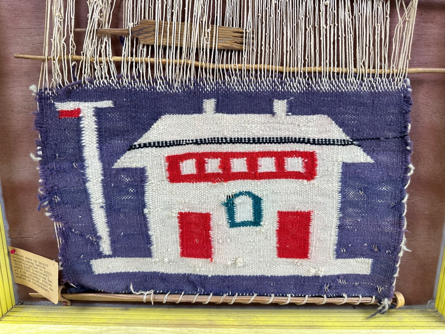 Antique 1900 Navajo Sampler Depicting The AT&SF Santa Fe Railroad Station At Manuelito, New Mexico Given To Addie Belle Tarr (Henderson) About 1900 Where She Worked As A Telegrapher 20 X 20 [Photo 4]