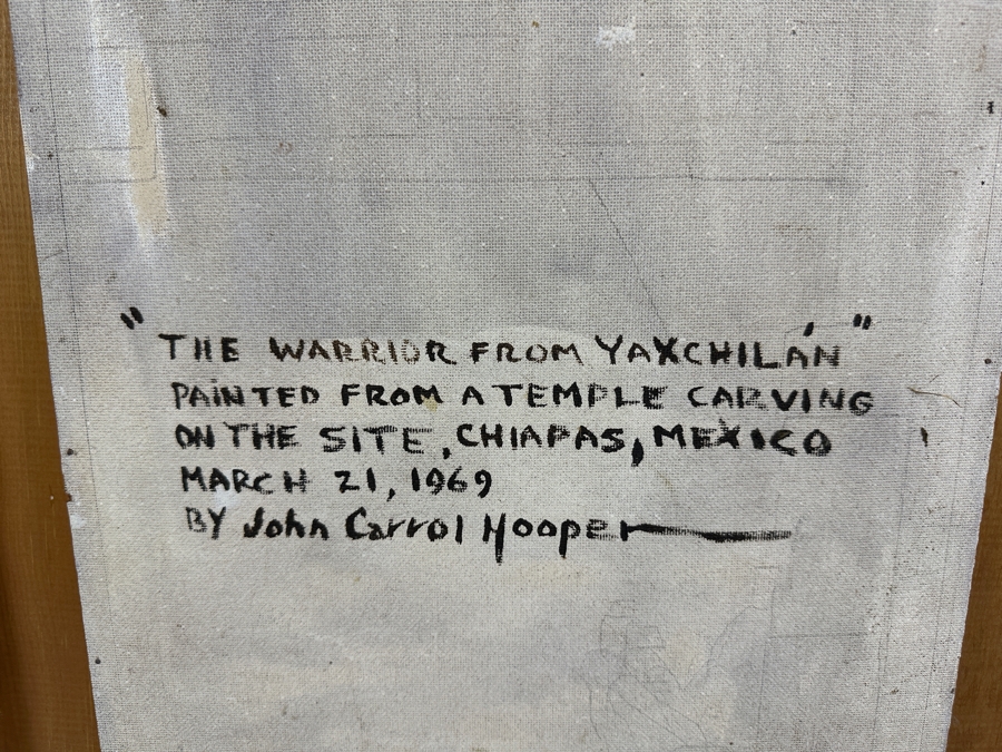 John Carrol Hooper Vintage 1969 Original Plein Air Oil Painting Titled 'The Warrior From Yaxchilan' Painted From A Temple Carving On The Site Of Chiapas, Mexico Framed 20 X 36 [Photo 13]