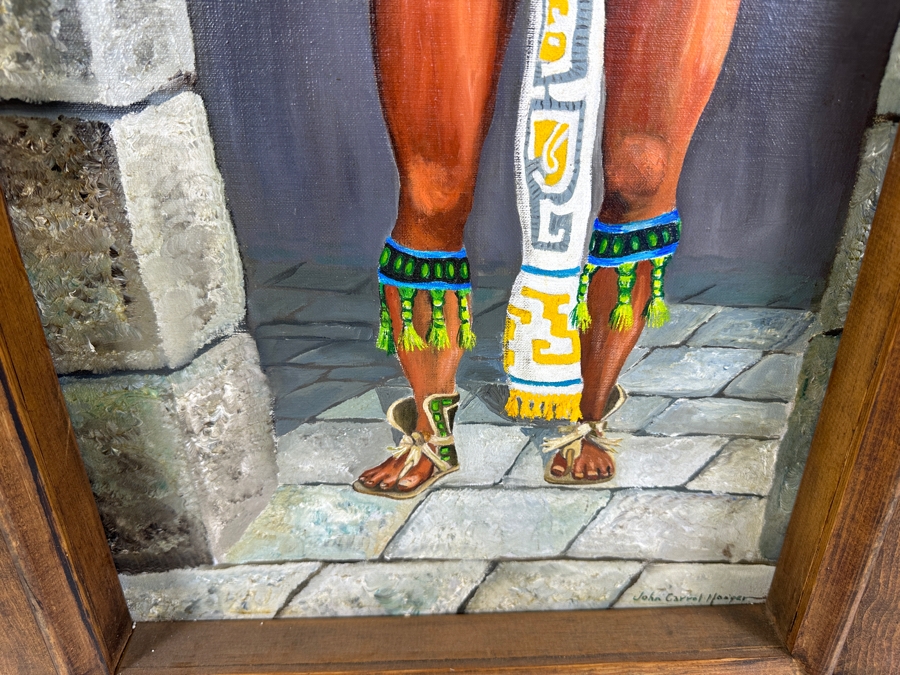John Carrol Hooper Vintage 1969 Original Plein Air Oil Painting Titled 'The Warrior From Yaxchilan' Painted From A Temple Carving On The Site Of Chiapas, Mexico Framed 20 X 36 [Photo 6]