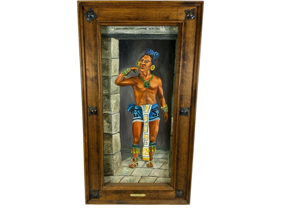 John Carrol Hooper Vintage 1969 Original Plein Air Oil Painting Titled 'The Warrior From Yaxchilan' Painted From A Temple Carving On The Site Of Chiapas, Mexico Framed 20 X 36 [Photo 2]
