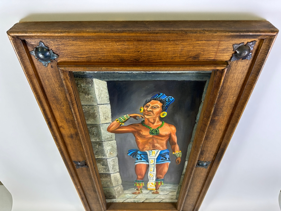 John Carrol Hooper Vintage 1969 Original Plein Air Oil Painting Titled 'The Warrior From Yaxchilan' Painted From A Temple Carving On The Site Of Chiapas, Mexico Framed 20 X 36 [Photo 11]