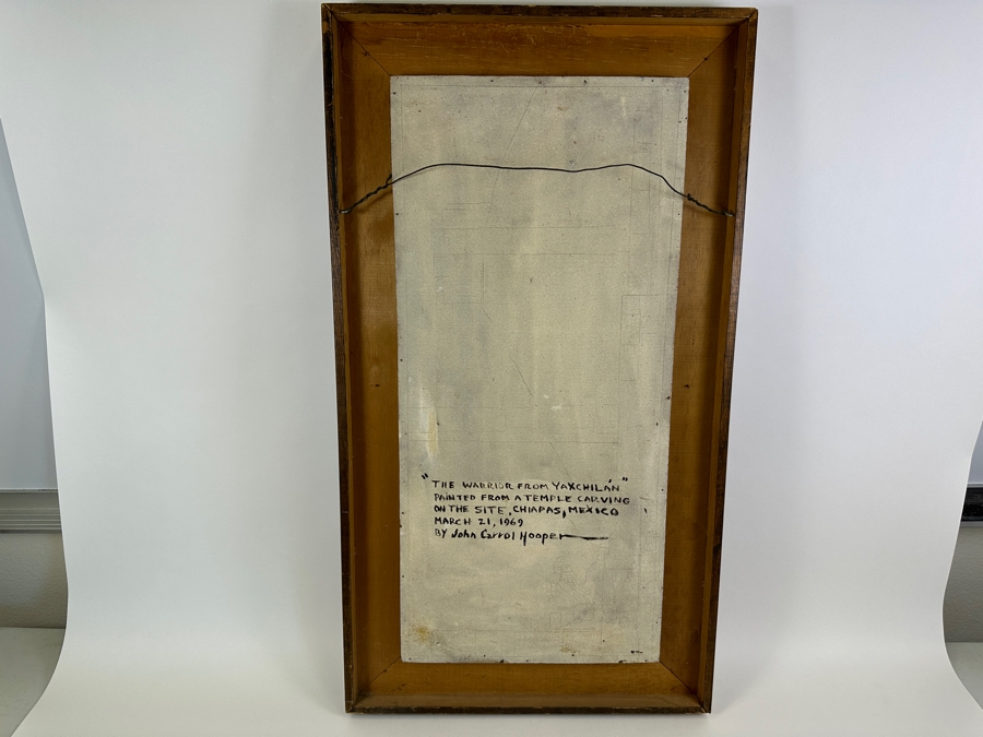 John Carrol Hooper Vintage 1969 Original Plein Air Oil Painting Titled 'The Warrior From Yaxchilan' Painted From A Temple Carving On The Site Of Chiapas, Mexico Framed 20 X 36 [Photo 12]