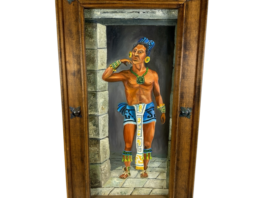 John Carrol Hooper Vintage 1969 Original Plein Air Oil Painting Titled 'The Warrior From Yaxchilan' Painted From A Temple Carving On The Site Of Chiapas, Mexico Framed 20 X 36 [Photo 1]