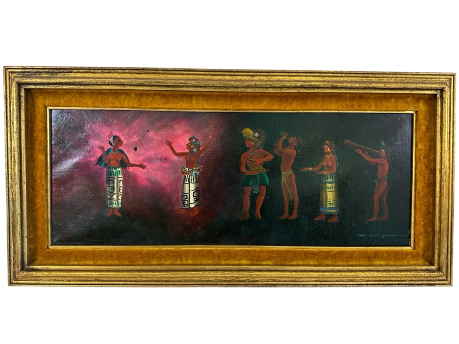 John Carrol Hooper Original Oil Painting On Canvas Mayan Ceremony 27 X 10.5 Framed 33 X 16 [Photo 2]