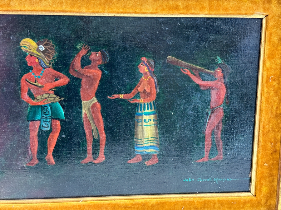 John Carrol Hooper Original Oil Painting On Canvas Mayan Ceremony 27 X 10.5 Framed 33 X 16 [Photo 11]