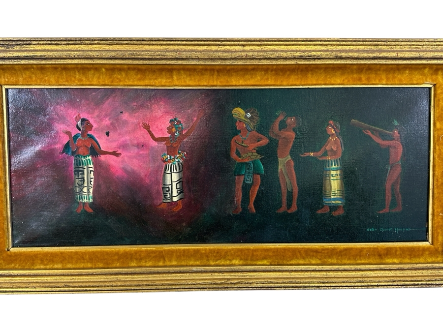 John Carrol Hooper Original Oil Painting On Canvas Mayan Ceremony 27 X 10.5 Framed 33 X 16 [Photo 1]