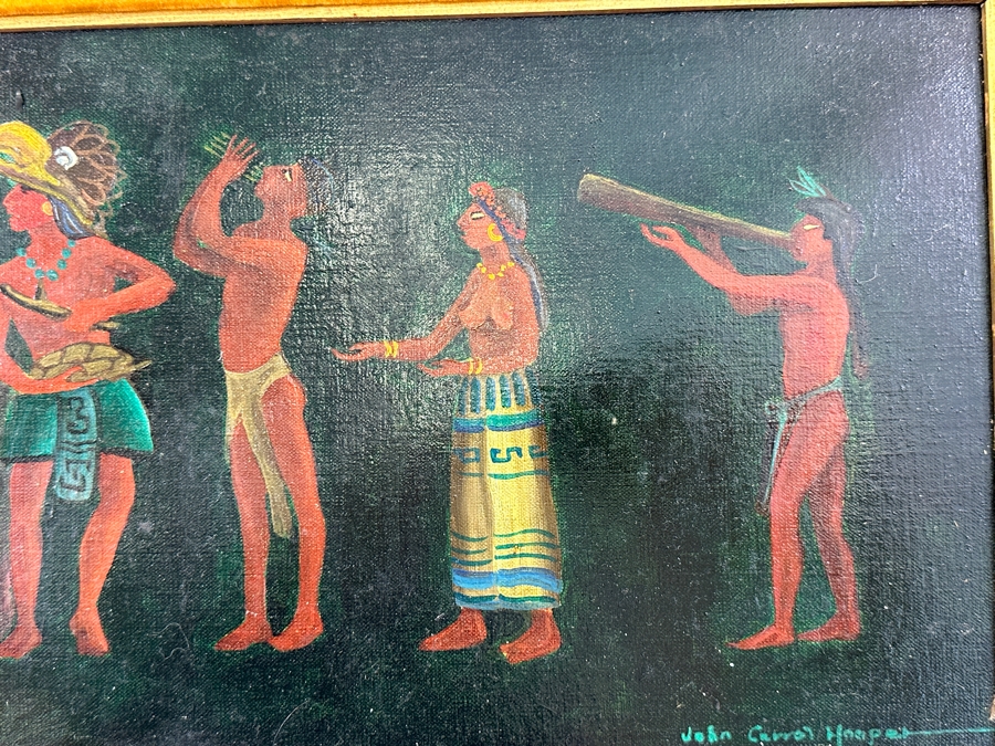 John Carrol Hooper Original Oil Painting On Canvas Mayan Ceremony 27 X 10.5 Framed 33 X 16 [Photo 8]