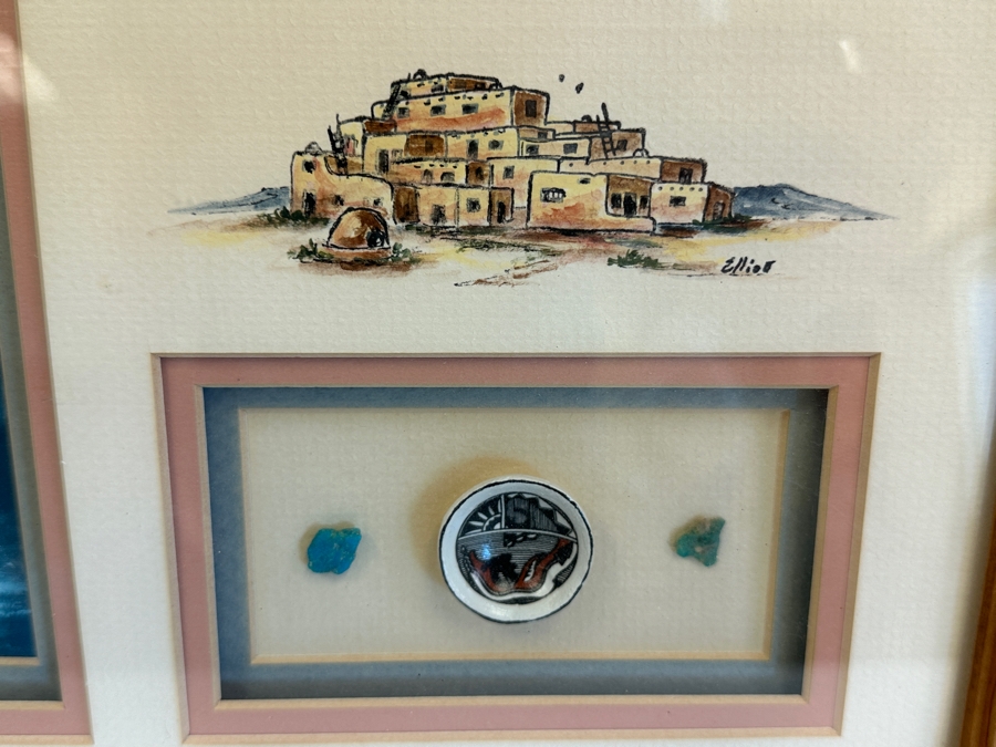 Shadowbox Framed Laverne Elliott Print With Original Signed Drawing And Miniature Pottery With Turquoise Stones 17.5 X 9.5 [Photo 2]