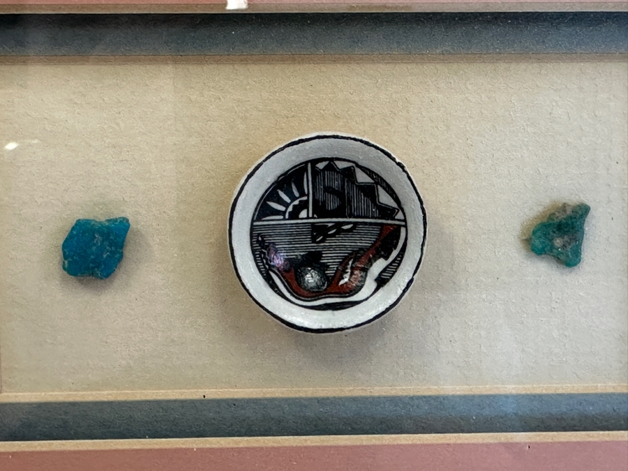 Shadowbox Framed Laverne Elliott Print With Original Signed Drawing And Miniature Pottery With Turquoise Stones 17.5 X 9.5 [Photo 3]