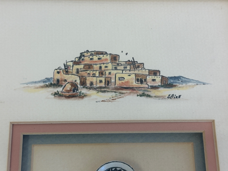 Shadowbox Framed Laverne Elliott Print With Original Signed Drawing And Miniature Pottery With Turquoise Stones 17.5 X 9.5 [Photo 4]