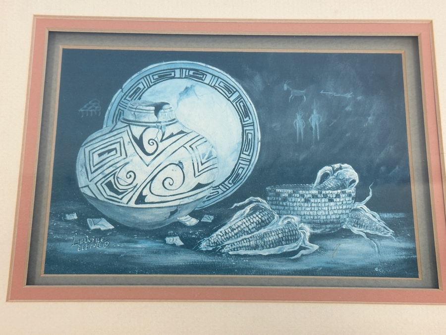 Shadowbox Framed Laverne Elliott Print With Original Signed Drawing And Miniature Pottery With Turquoise Stones 17.5 X 9.5 [Photo 5]