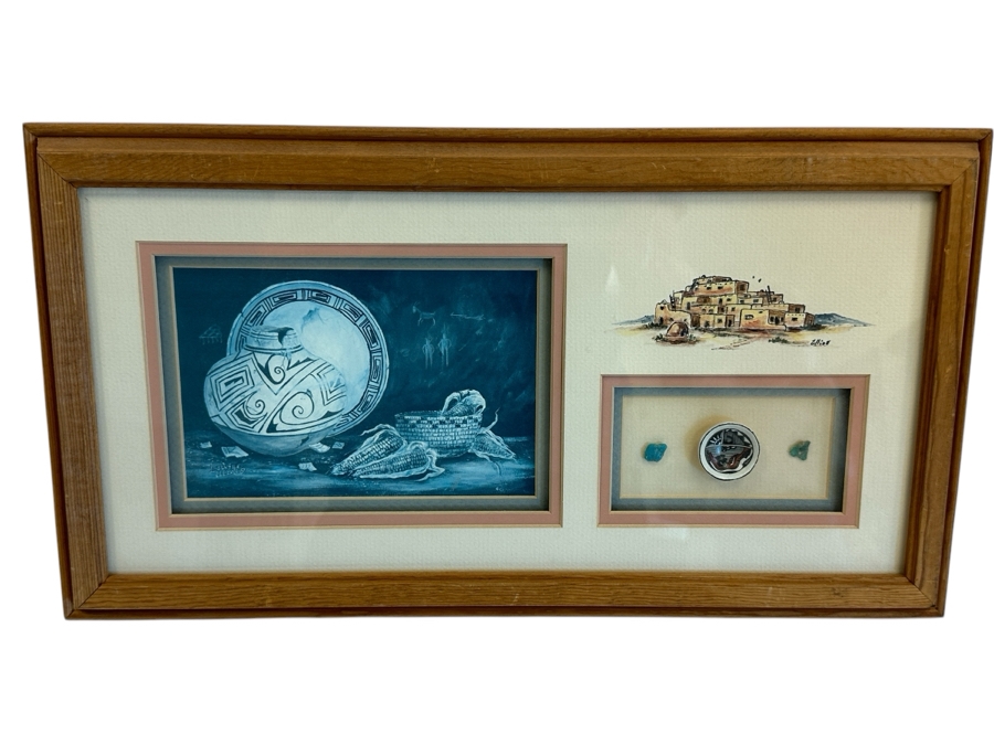 Shadowbox Framed Laverne Elliott Print With Original Signed Drawing And Miniature Pottery With Turquoise Stones 17.5 X 9.5 [Photo 1]