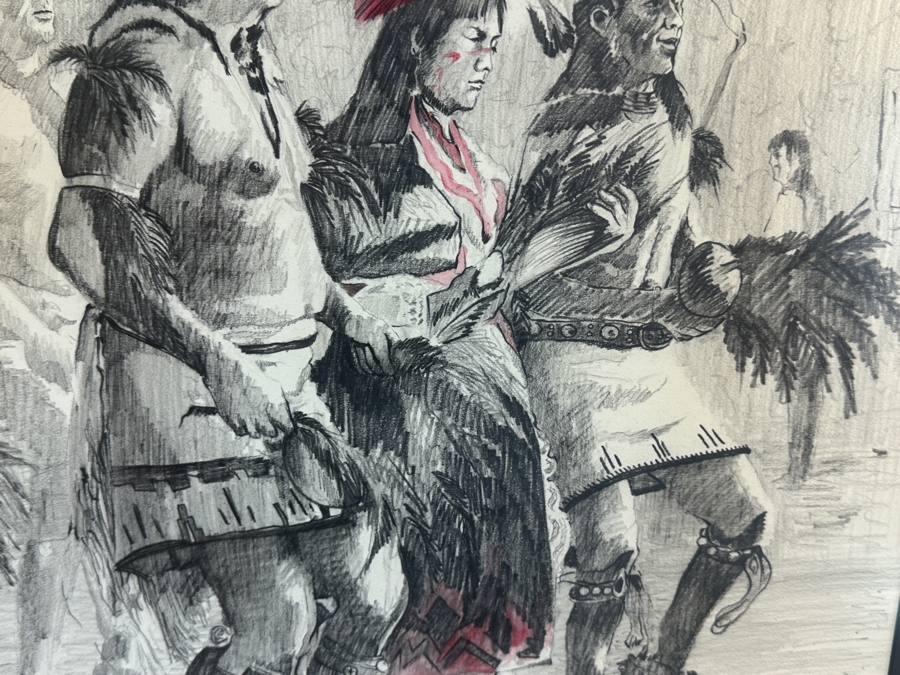 Gene Locklear (B. 1949, American / Former Padres Baseball Player) Original Native American Charcoal Drawing On Paper 16 X 24.5 Framed 25.5 X 33.5 [Photo 8]