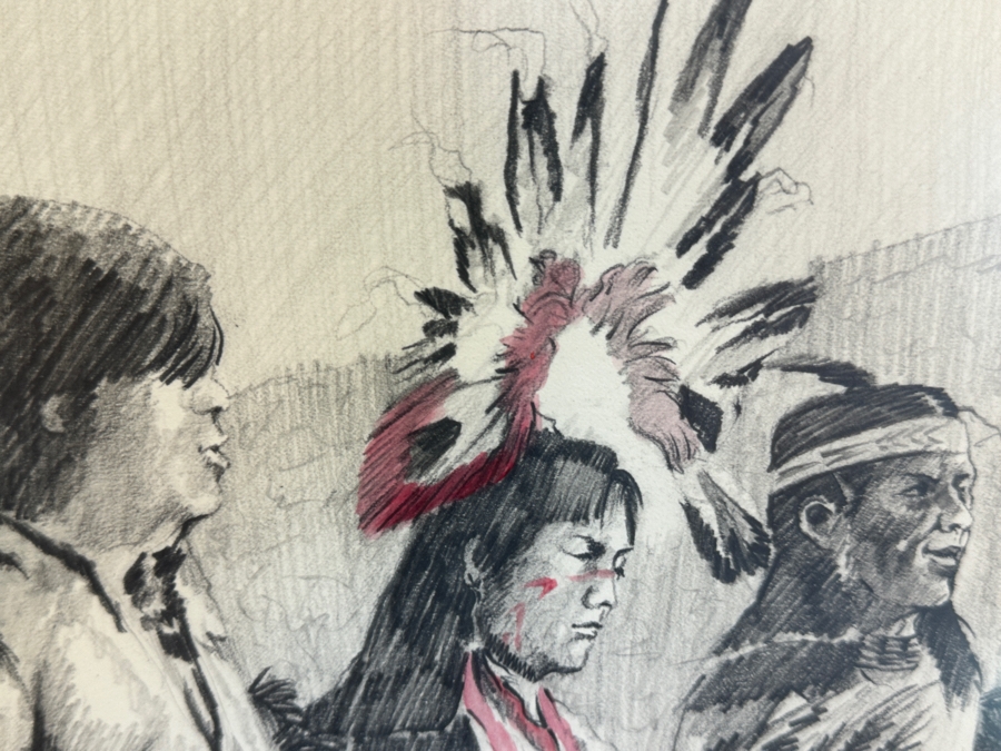 Gene Locklear (B. 1949, American / Former Padres Baseball Player) Original Native American Charcoal Drawing On Paper 16 X 24.5 Framed 25.5 X 33.5 [Photo 5]