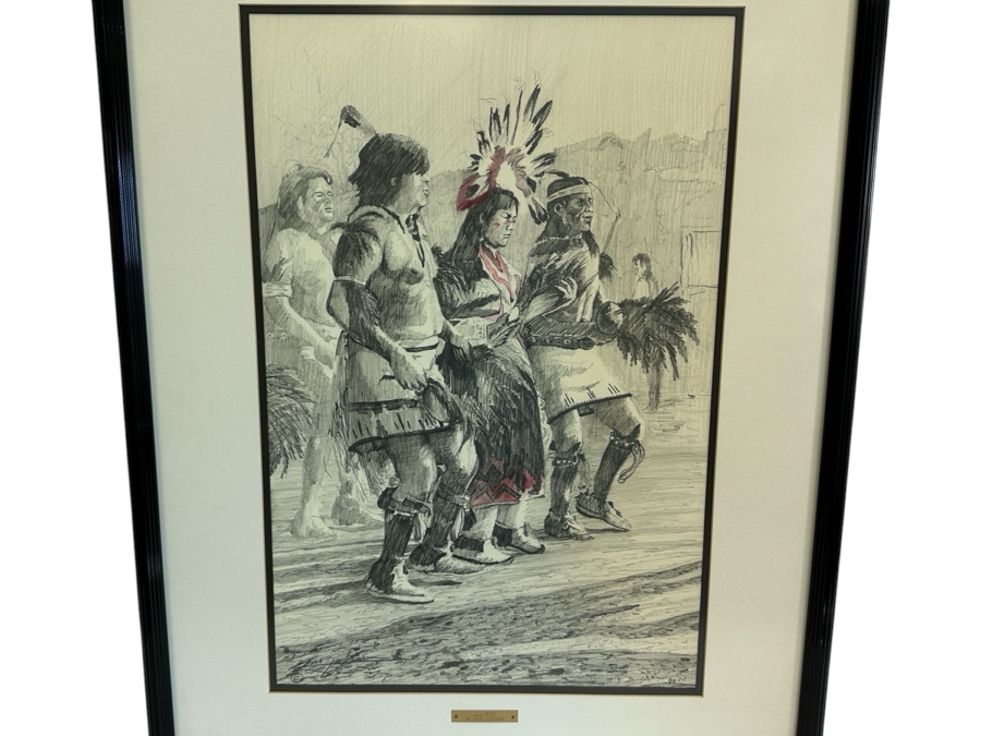 Gene Locklear (B. 1949, American / Former Padres Baseball Player) Original Native American Charcoal Drawing On Paper 16 X 24.5 Framed 25.5 X 33.5 [Photo 1]