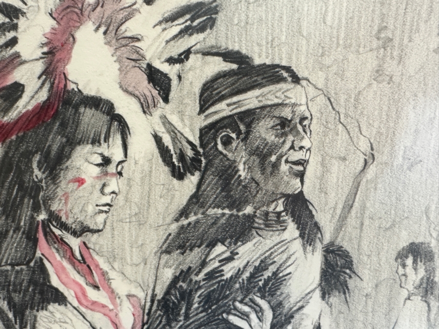 Gene Locklear (B. 1949, American / Former Padres Baseball Player) Original Native American Charcoal Drawing On Paper 16 X 24.5 Framed 25.5 X 33.5 [Photo 6]