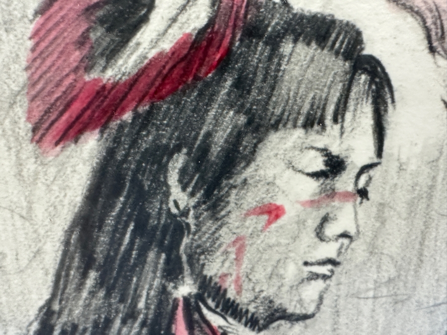 Gene Locklear (B. 1949, American / Former Padres Baseball Player) Original Native American Charcoal Drawing On Paper 16 X 24.5 Framed 25.5 X 33.5 [Photo 15]