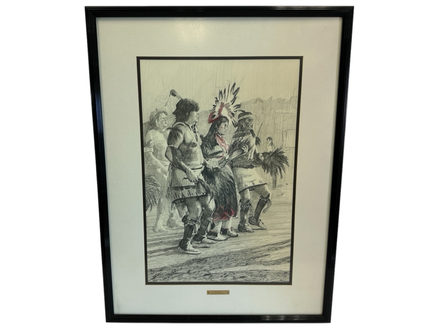 Gene Locklear (B. 1949, American / Former Padres Baseball Player) Original Native American Charcoal Drawing On Paper 16 X 24.5 Framed 25.5 X 33.5 [Photo 2]