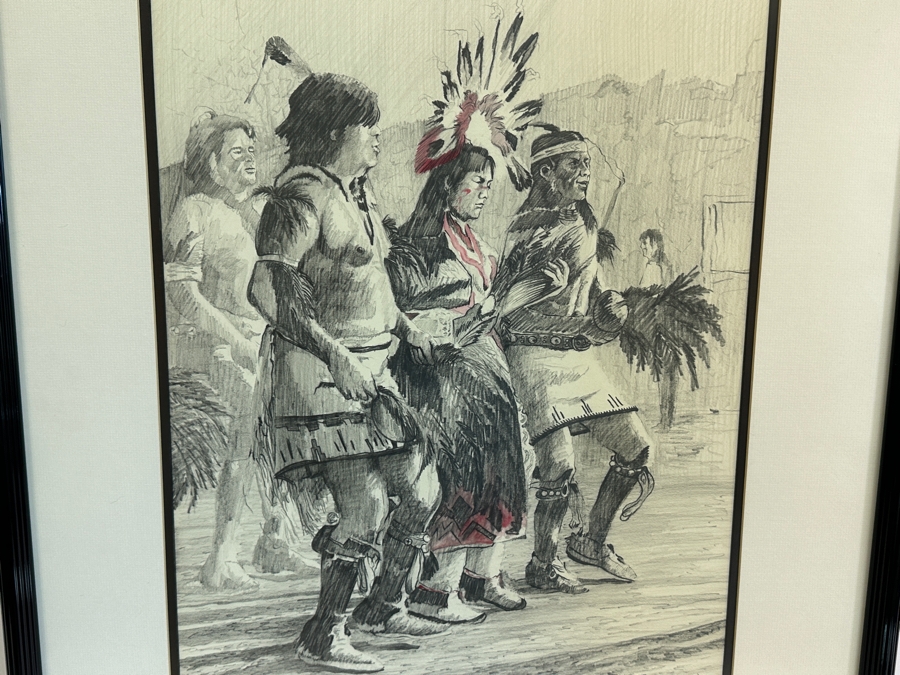 Gene Locklear (B. 1949, American / Former Padres Baseball Player) Original Native American Charcoal Drawing On Paper 16 X 24.5 Framed 25.5 X 33.5 [Photo 3]