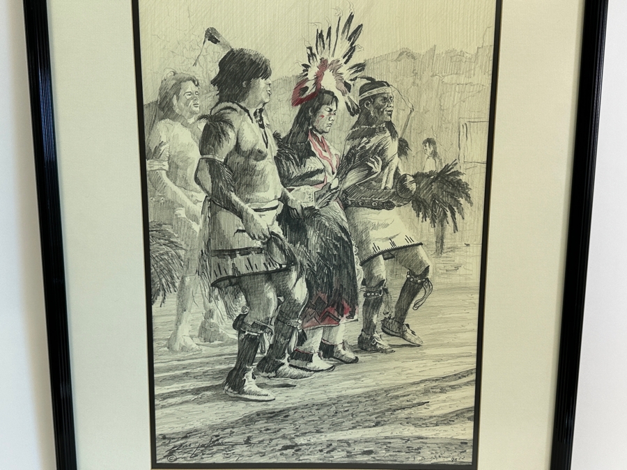 Gene Locklear (B. 1949, American / Former Padres Baseball Player) Original Native American Charcoal Drawing On Paper 16 X 24.5 Framed 25.5 X 33.5 [Photo 4]