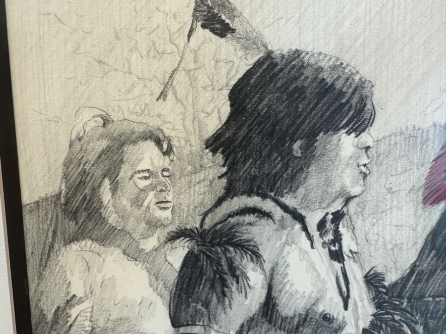 Gene Locklear (B. 1949, American / Former Padres Baseball Player) Original Native American Charcoal Drawing On Paper 16 X 24.5 Framed 25.5 X 33.5 [Photo 7]