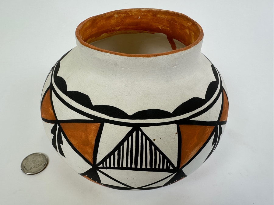 Vintage 1978 Acoma New Mexico Signed D. Sanchez Pottery Polychrome Water Jar Pot Titled 'The Sky City' Dated 9/29/78 4.5H [Photo 3]