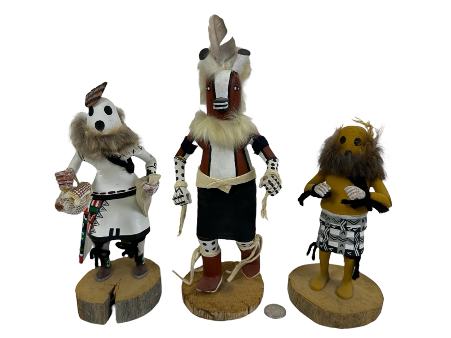 Collection Of Three Vintage Kachina Dolls: Arthur Yowytewa (Cricket Kachina) Sedona AZ $110, Chimpmuck R. Larso And 'Eototo' Kachina By W.M. James 9.5H And 10.5H [Photo 1]