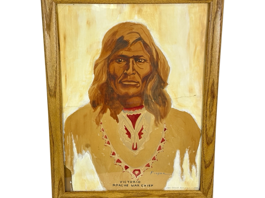 John Carrol Hooper Vintage 1938 Original Portrait Mixed-Media Painting Titled 'Victorio Apache War Chief' 14.5 X 19.5 Framed 17.5 X 22.5 [Photo 1]