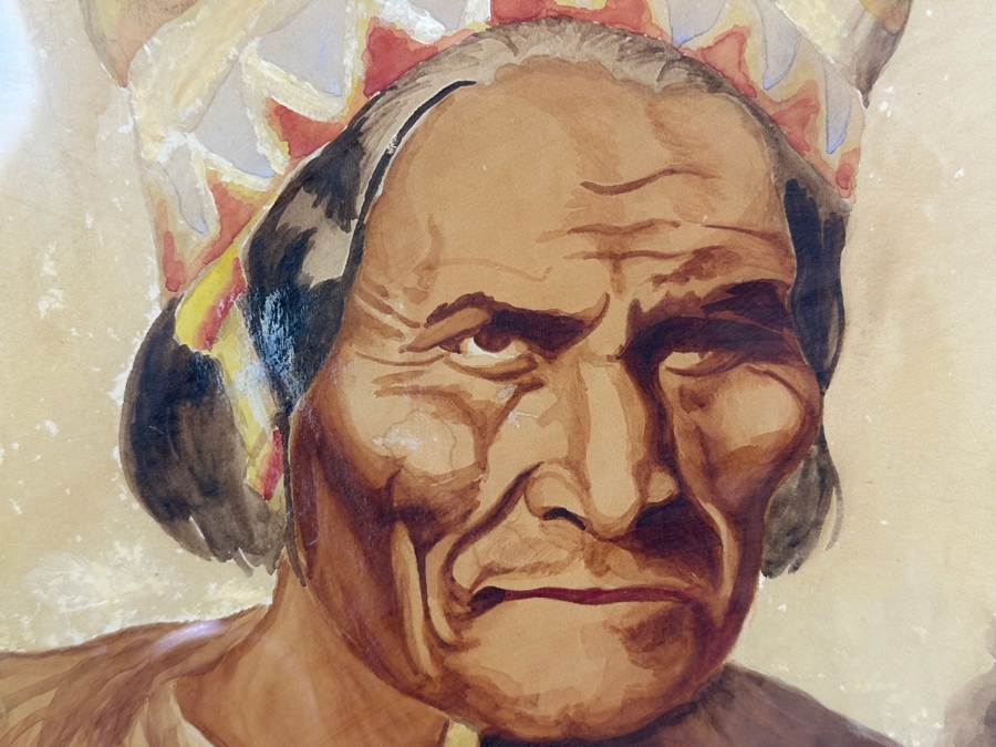 John Carrol Hooper Vintage 1938 Original Portrait Mixed-Media Painting Titled 'Geronimo Apache War Chief' 14.5 X 19.5 Framed 17.5 X 22.5 [Photo 3]