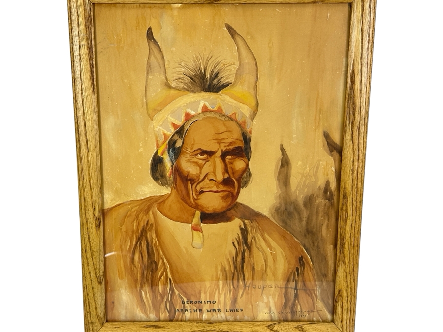 John Carrol Hooper Vintage 1938 Original Portrait Mixed-Media Painting Titled 'Geronimo Apache War Chief' 14.5 X 19.5 Framed 17.5 X 22.5 [Photo 1]