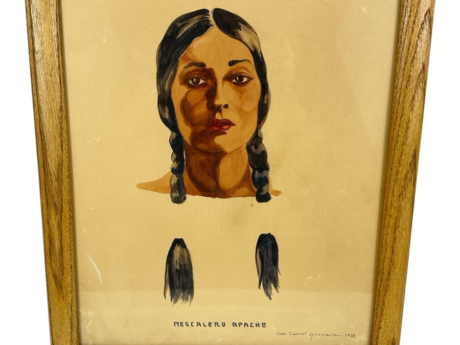 John Carrol Hooper Vintage 1938 Original Portrait Mixed-Media Painting Titled 'Mescalero Apache' 14.5 X 19.5 Framed 17.5 X 22.5 [Photo 1]