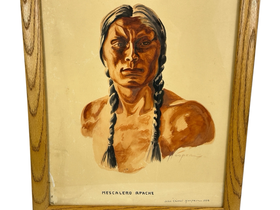 John Carrol Hooper Vintage 1938 Original Portrait Mixed-Media Painting Titled 'Mescalero Apache' 14.5 X 19.5 Framed 17.5 X 22.5 [Photo 1]