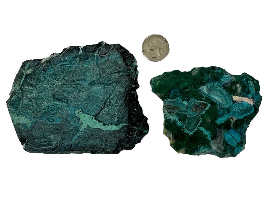 Pair Of Polished Malachite Slices Larger Piece Measures 5W X 3.5H [Photo 1]